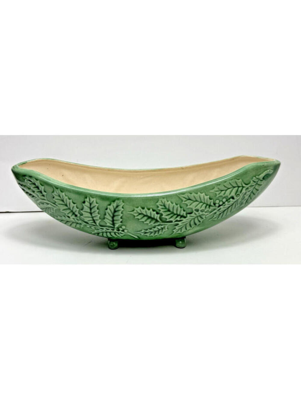 Vtg Christmas Holly Leaves Ivy Green Dish Candy Decor Ceramic Hobbyist 10.5"L